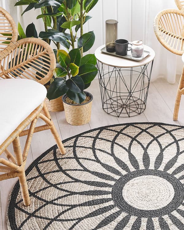 Teppe Beige Svart Rundt 140 cm Boho Mandala Print Rustikk Jute