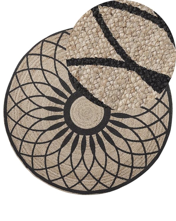 Teppe Beige Svart Rundt 140 cm Boho Mandala Print Rustikk Jute