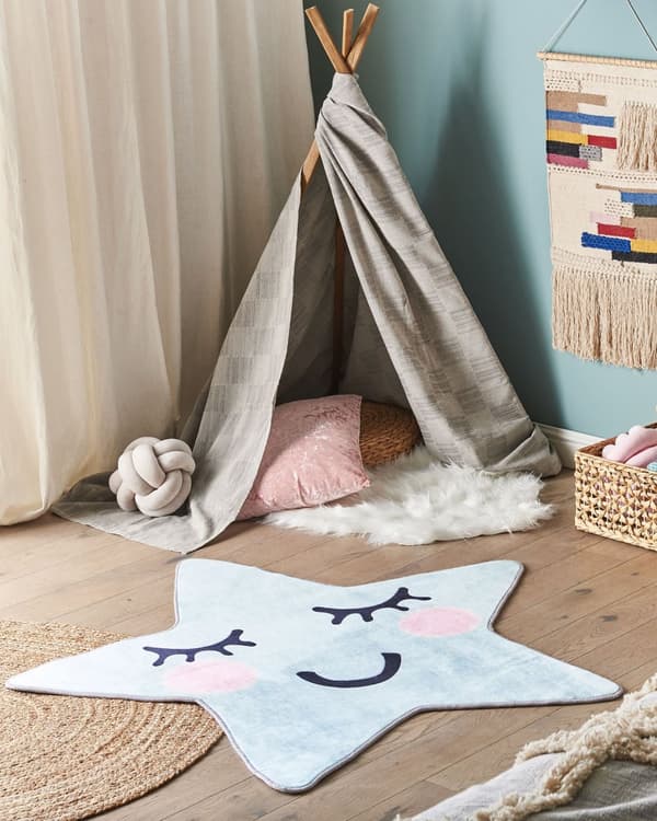 Børnetæppe Blå Polyester ø 120 cm Fladvævet Sjov Børnegulvtæppe til Pigeværelset med Stjerneformet Smilende Motiv Inspiration