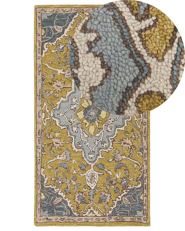Matto keltainen sininen 80 x 150 cm villa suorakulmio itämainen käsin tuftattu perinteinen boho