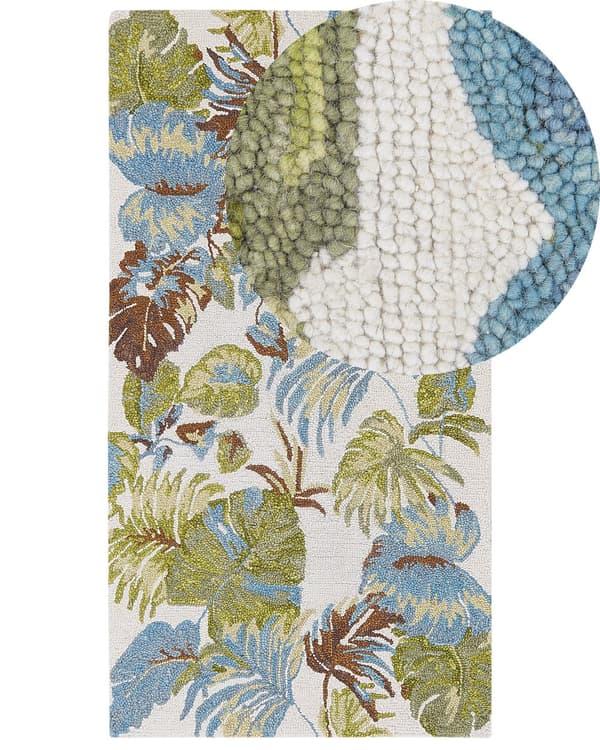 Matto monivärinen 80 x 150 cm villa suorakulmio lehtikuvio käsin tuftattu boho perinteinen