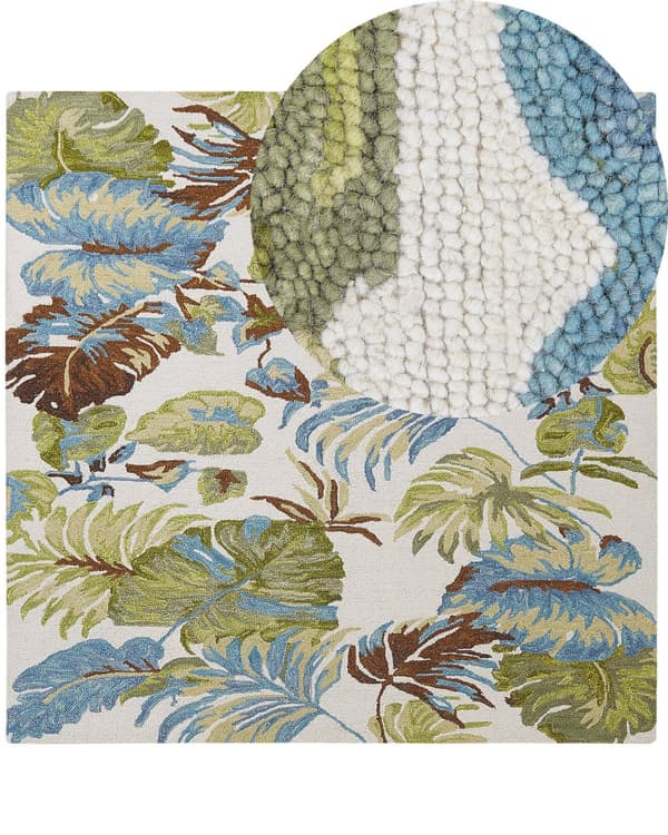 Matto monivärinen 200 x 200 cm villa neliö lehtikuvio käsin tuftattu boho perinteinen