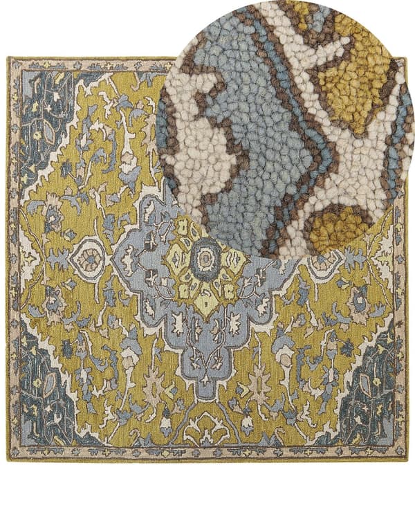 Teppe Gul Blå Ull 200 x 200 cm Orientalsk Vintage Dekorativt Innredning Stue Soverom