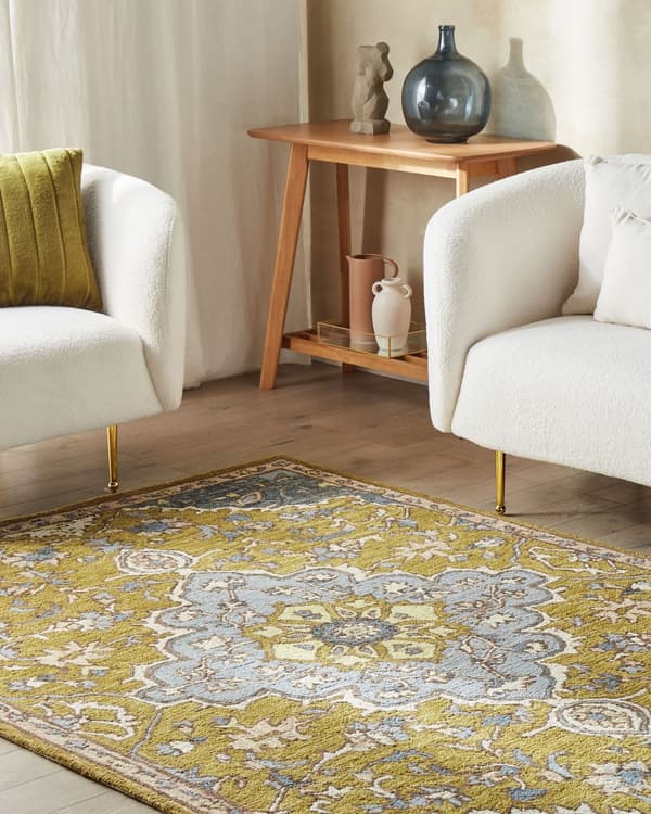 Matta Gul och Blå Ull 160 x 230 cm Orientalisk Vintage Vardagsrum Sovrum