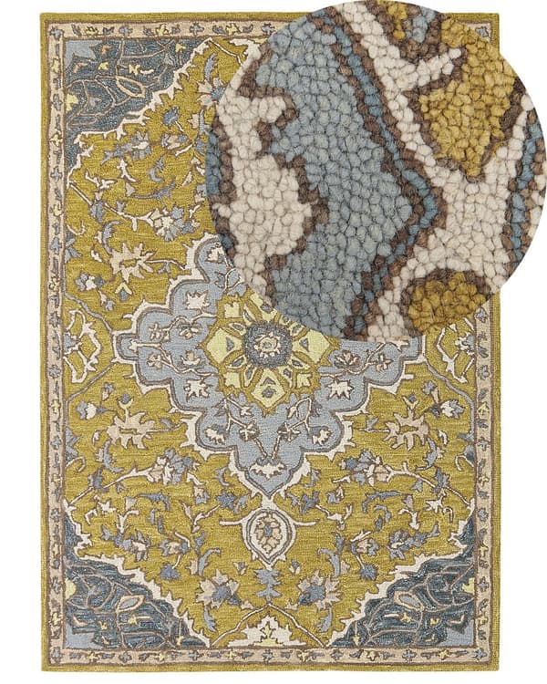 Matta Gul och Blå Ull 160 x 230 cm Orientalisk Vintage Vardagsrum Sovrum
