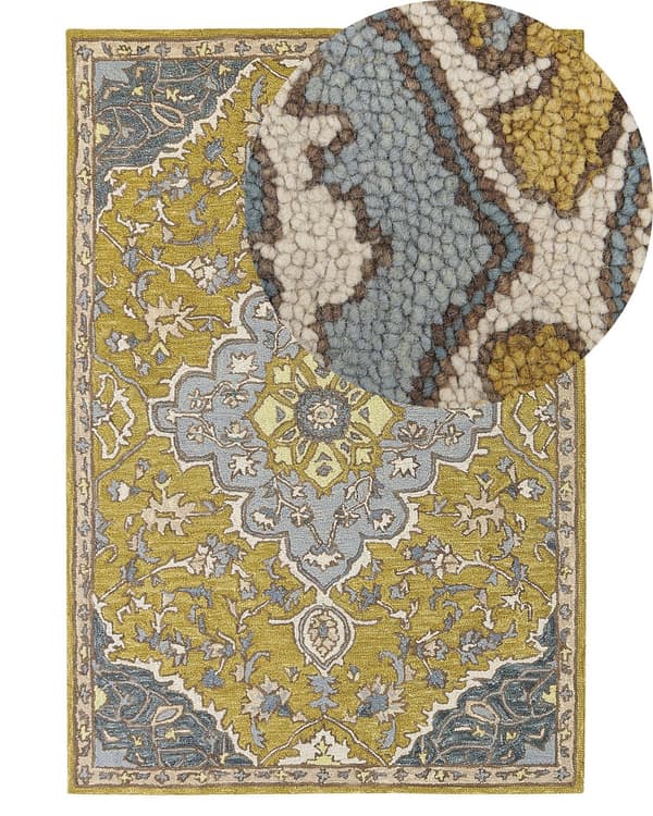 Matta Gul och Blå Ull 140 x 200 cm Orientalisk Vintage Vardagsrum Sovrum