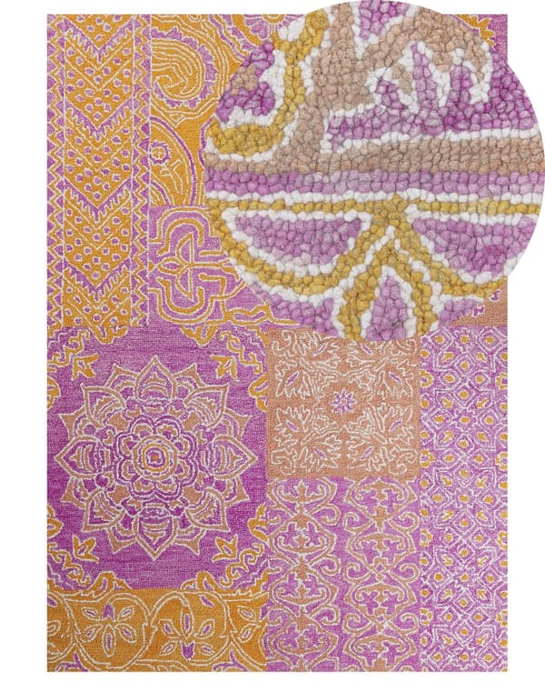 Gulvtæppe Lyserød Gul Farverig Uld 160 x 230 cm Dekorativ Moderne Fladvævet Løs Uldtæppe til Stuen Tæppe til Soveværelse Orientalsk Mønster