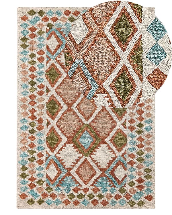 Matto monivärinen villa 140 x 200 cm geometrisilla kuvioilla boho-tyyli