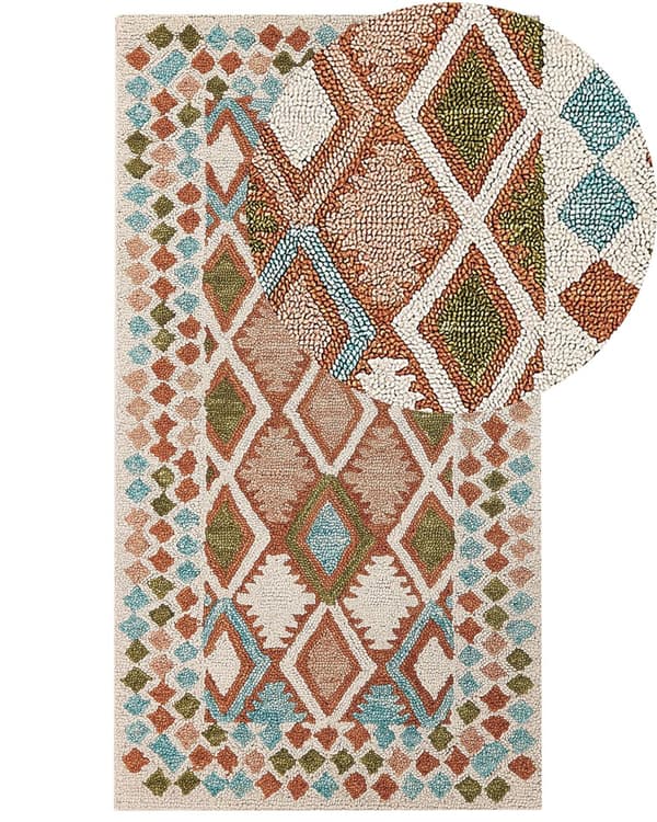Matto monivärinen villa 80 x 150 cm geometrisilla kuvioilla boho-tyyli