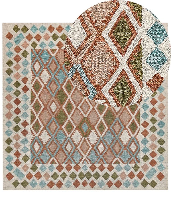 Matto monivärinen villa 200 x 200 cm geometrisilla kuvioilla boho-tyyli