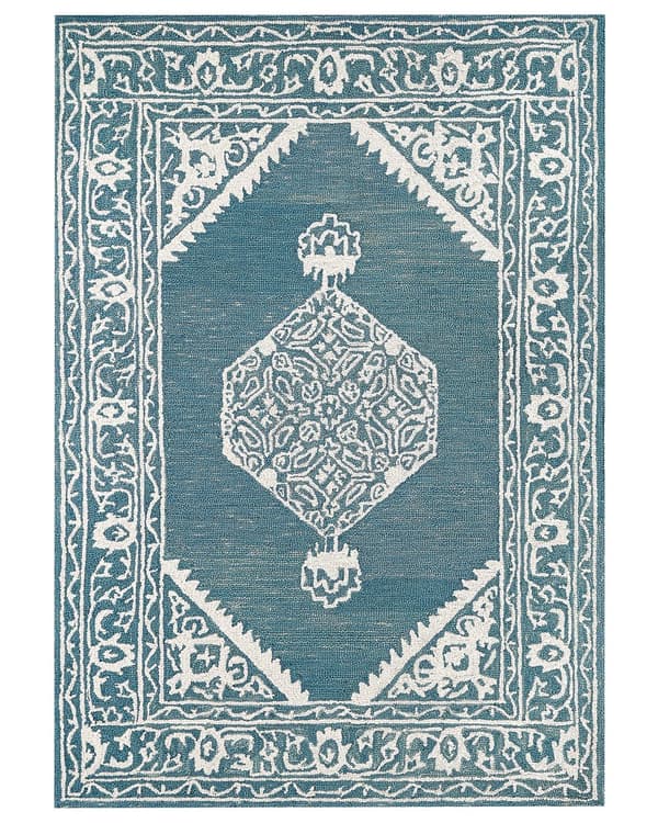 Teppe Hvit Blå Ull 160 x 230 cm Orientalsk mønster Håndtuftet Dekorativt Innredning Boho Moderne Stue Soverom