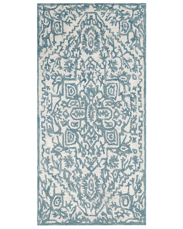 Teppe Hvit Blå Ull 80 x 150 cm Orientalsk mønster Håndtuftet Boho Tilbehør Innredning Stue Soverom