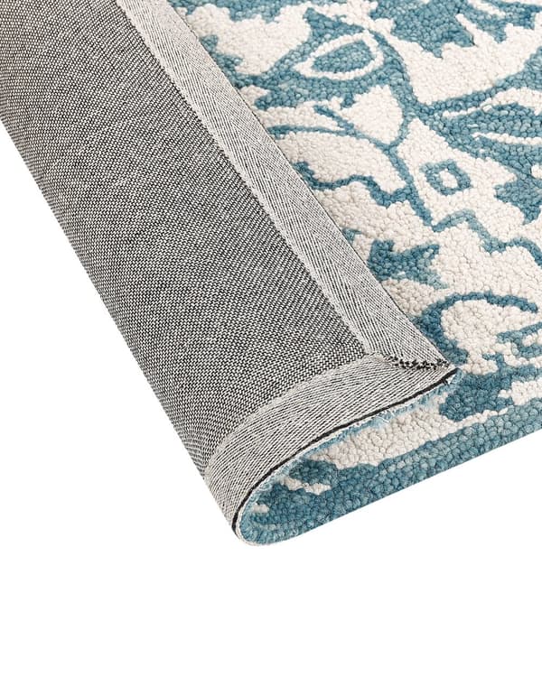 Teppe Hvit Blå Ull 80 x 150 cm Orientalsk mønster Håndtuftet Boho Tilbehør Innredning Stue Soverom