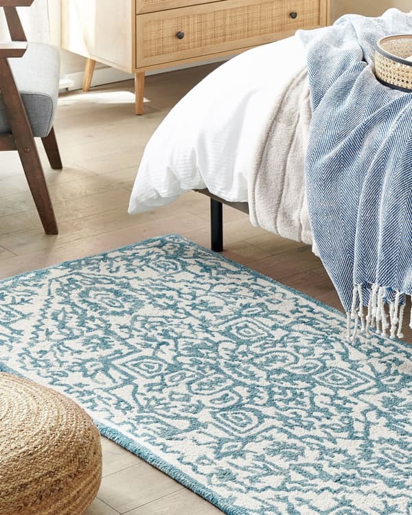 Teppe Hvit Blå Ull 80 x 150 cm Orientalsk mønster Håndtuftet Boho Tilbehør Innredning Stue Soverom