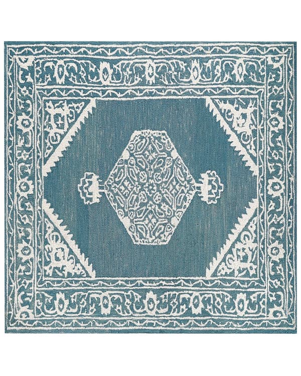 Teppe Hvit Blå Ull 200 x 200 cm Orientalsk mønster Håndtuftet Dekorativt Innredning Boho Moderne Stue Soverom