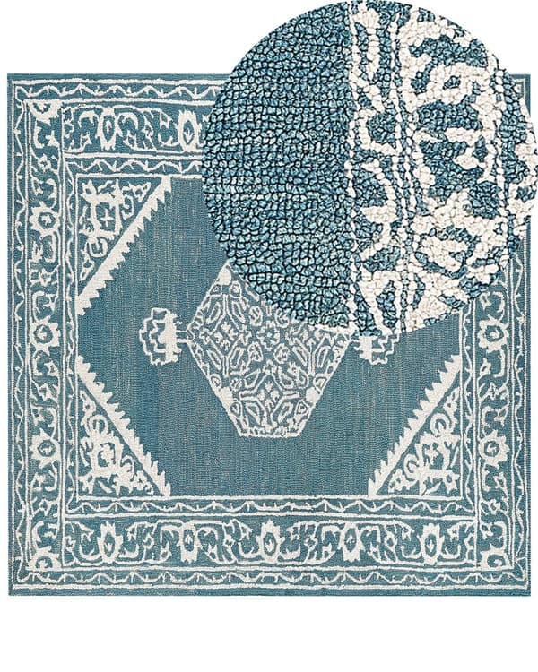 Teppe Hvit Blå Ull 200 x 200 cm Orientalsk mønster Håndtuftet Dekorativt Innredning Boho Moderne Stue Soverom