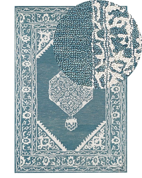 Teppe Hvit Blå Ull 140 x 200 cm Orientalsk mønster Håndtuftet Dekorativt Innredning Boho Moderne Stue Soverom
