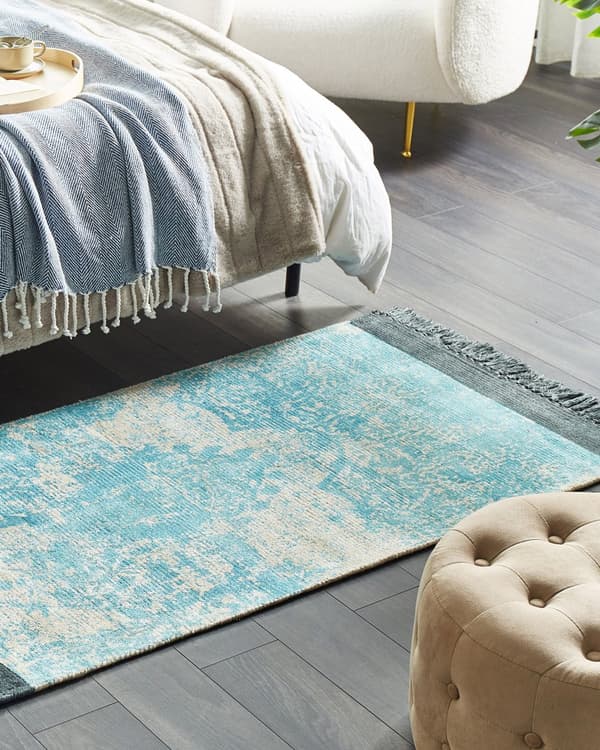 Matto sininen beige 80 x 150 cm viskoosi puuvilla suorakulmio tupsut itämainen retro