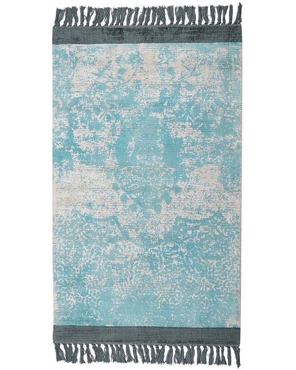 Matto sininen beige 80 x 150 cm viskoosi puuvilla suorakulmio tupsut itämainen retro