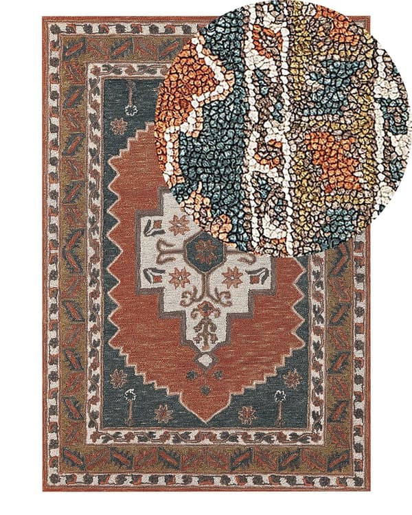 Matto monivärinen villa 140 x 200 cm käsintehty lyhyt nukka itämainen kuvio suorakulmio retro tyyli