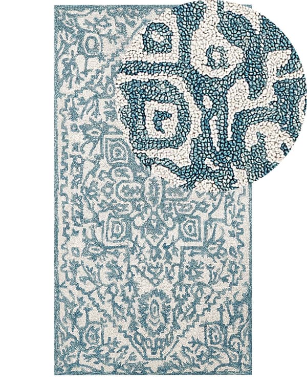 Matta Vit Blå Ull 80 x 150 cm Plattväv Handtuftad Orientaliskt Mönster