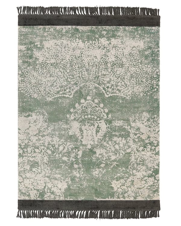 Område tæppe grøn og beige viskose med bomuldsbagside med frynser 140 x 200 cm