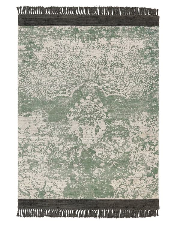 Område tæppe grøn og beige viskose med bomuldsbagside med frynser 140 x 200 cm
