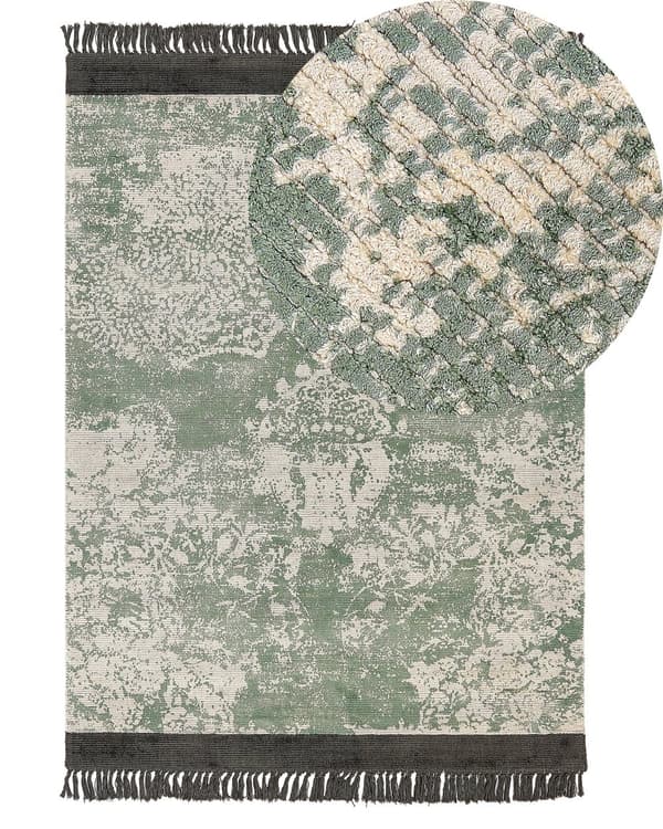 Område tæppe grøn og beige viskose med bomuldsbagside med frynser 140 x 200 cm