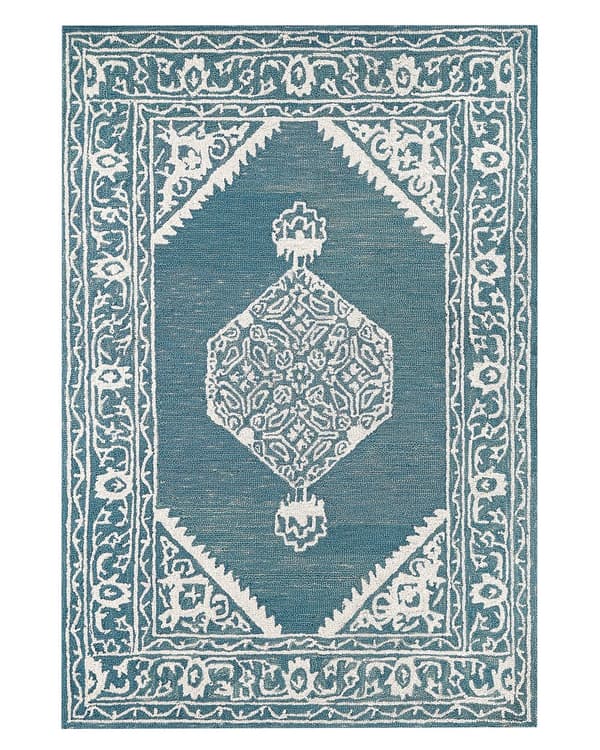 Gulvtæppe Hvid Blå Uld 140 x 200 cm Dekorativ Orientalsk Håndtuftet Mønster Uldtæppe til Stue under Sofabord og Spisebord Boho Indretning