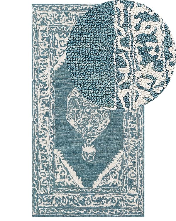 Gulvtæppe Hvid Blå Uld 80 x 150 cm Dekorativ Orientalsk Håndtuftet Mønster Uldtæppe til Stue under Sofabord og Spisebord Boho Indretning