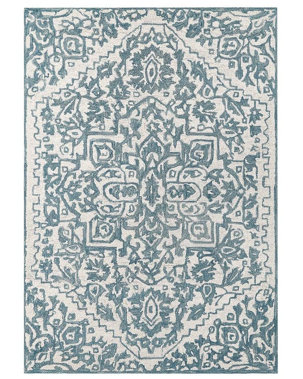 Gulvtæppe Hvid Blå Uld 160 x 230 cm Dekorativ Orientalsk Håndtuftet Mønster Uldtæppe til Stue under Sofabord og Spisebord Boho Indretning