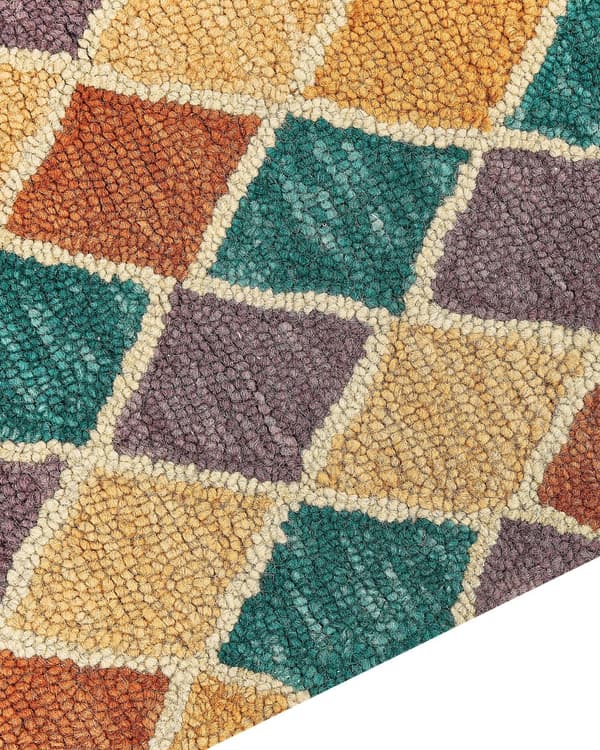 Gulvtæppe Multifarvet Uld 140 x 200 cm Dekorativ Fladvævet Løs Rombe Mønster Uldtæppe til Stue under Sofabord og Spisebord Boho Indretning
