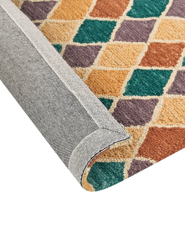 Gulvtæppe Multifarvet Uld 140 x 200 cm Dekorativ Fladvævet Løs Rombe Mønster Uldtæppe til Stue under Sofabord og Spisebord Boho Indretning