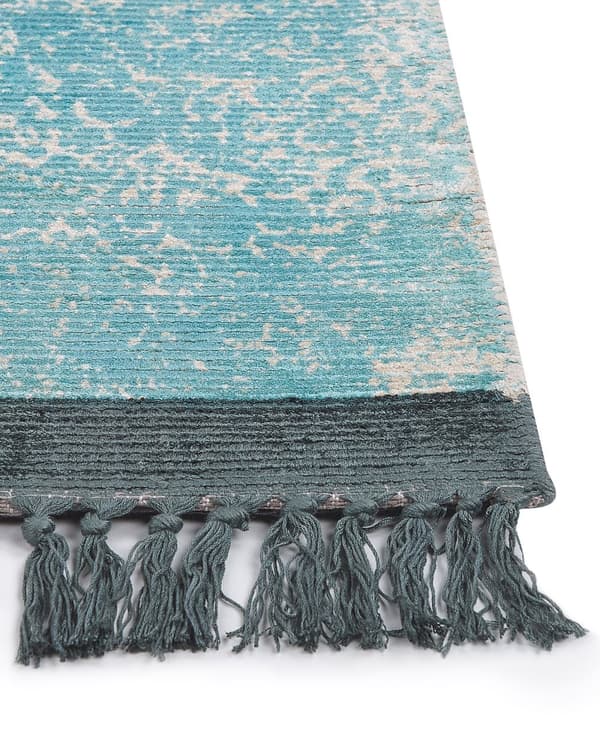 Tæppe blå og beige viskose med bomuldsbagside med frynser 80 x 150 cm Vintage distressed mønster