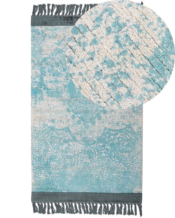 Tæppe blå og beige viskose med bomuldsbagside med frynser 80 x 150 cm Vintage distressed mønster