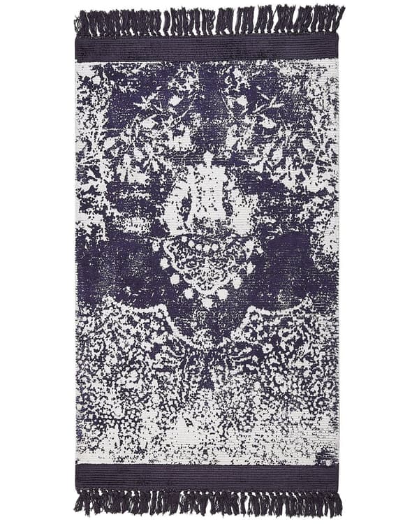 Tæppe Violet og hvid viskose med bomuldsbagside med frynser 80 x 150 cm Vintage distressed mønster