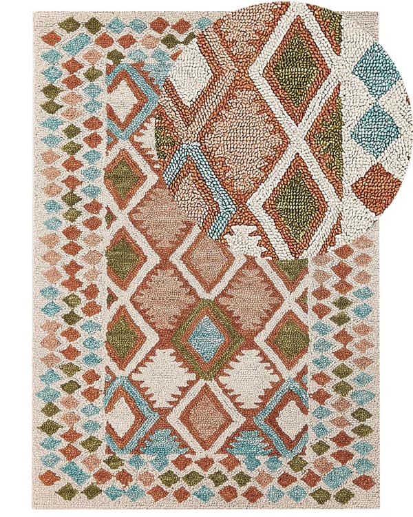 Tæppe Flerfarvet Uld 160 x 230 cm Håndtuftet geometrisk mønster Boho Stue Soveværelse