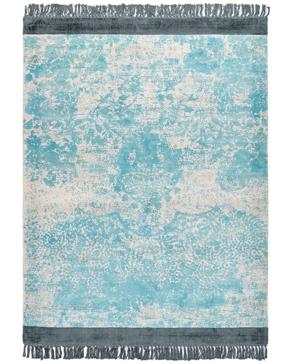 Tæppe blå og beige viskose med bomuldsbagside med frynser 160 x 230 cm Vintage distressed mønster