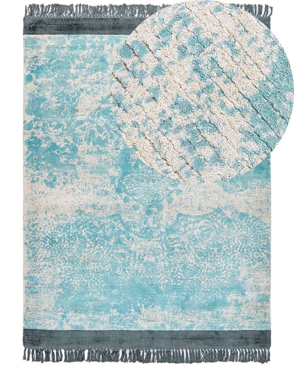 Tæppe blå og beige viskose med bomuldsbagside med frynser 160 x 230 cm Vintage distressed mønster