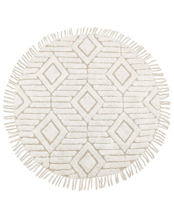 Matto beige ø 140 cm puuvilla kohokuvio pyöreä hapsut skandinaavinen boho moderni
