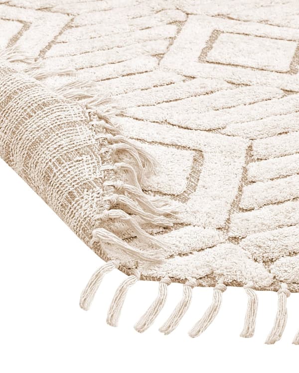 Matto beige ø 140 cm puuvilla kohokuvio pyöreä hapsut skandinaavinen boho moderni