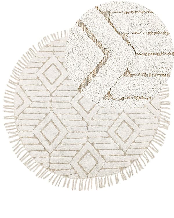 Matto beige ø 140 cm puuvilla kohokuvio pyöreä hapsut skandinaavinen boho moderni