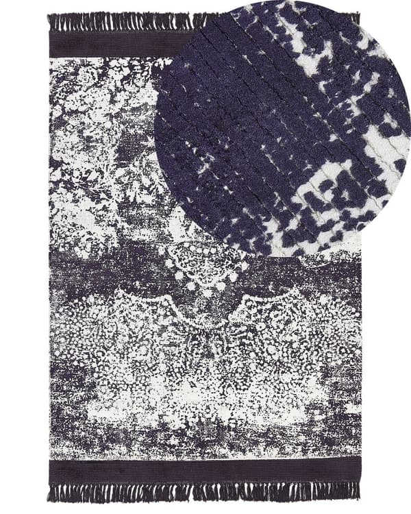 Tæppe Violet og hvid viskose med bomuldsbagside med frynser 160 x 230 cm Vintage distressed mønster