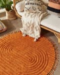 Miniatyrbillede 2 af 6: Rundt tæppe Orange Bomuld ⌀ 140 cm Tuftet med frynser mønster Boho Stue Soveværelse