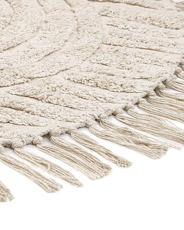 Tæppe Beige Bomuld ⌀ 140 cm Tuftet med frynser mønster Boho Stue Soveværelse