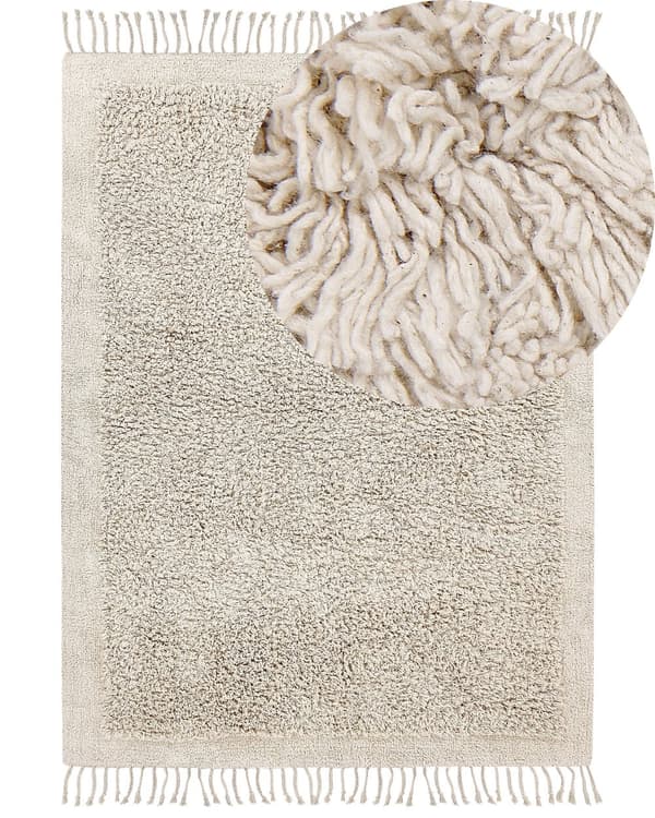 Matta Ljusbeige Bomull 140 x 200 cm Trasmatta med Tofsar Bohemisk Stil