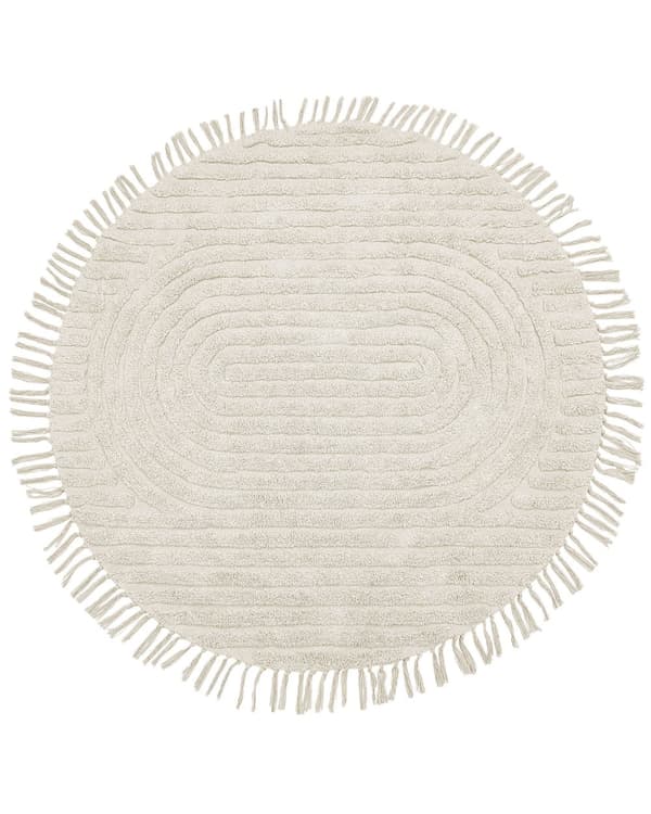 Rund Matta Beige Bomull 140 cm Tuftad med Fransar Mönster Bohemisk Vardagsrum Sovrum