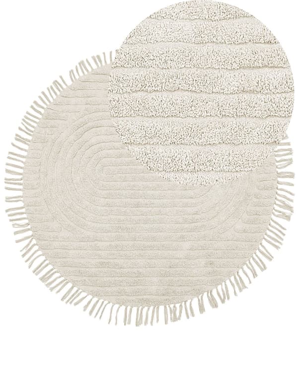 Rund Matta Beige Bomull 140 cm Tuftad med Fransar Mönster Bohemisk Vardagsrum Sovrum
