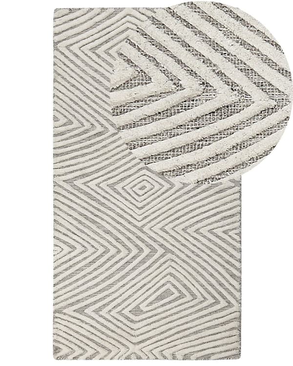 Teppe Hvit Grå Ull 80 x 150 cm Håndvevd Geometrisk mønster Skandinavisk stil Moderne Stue Soverom