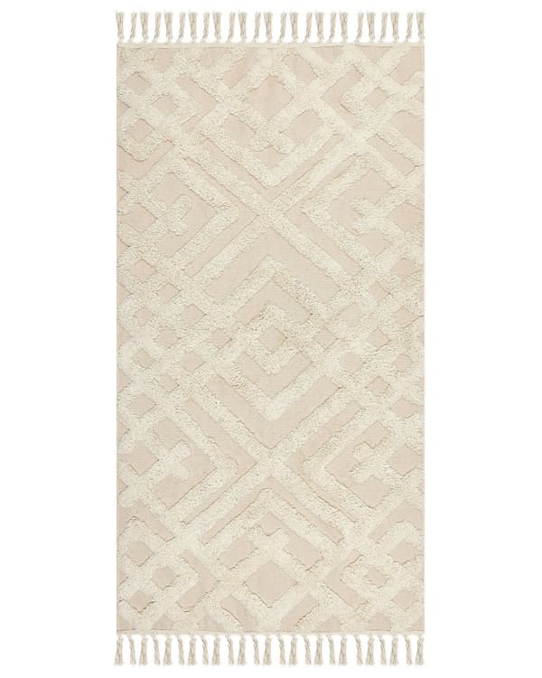 Område Tæppe Beige Bomuld 80 x 150 cm Minimalistisk Tuftet Shaggy med kvaster Design Geometrisk Mønster Stue Soveværelse